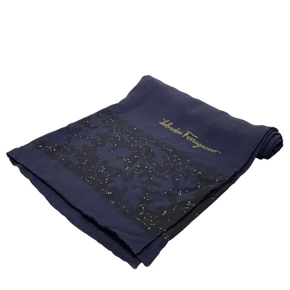 Auth Salvatore Ferragamo - Dark Navy Black Silk Scarf - Picture 1 of 4